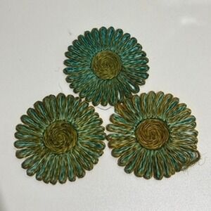 Set of 3 Handmade Woven Flower‎ Coasters Teal Gold Rustic